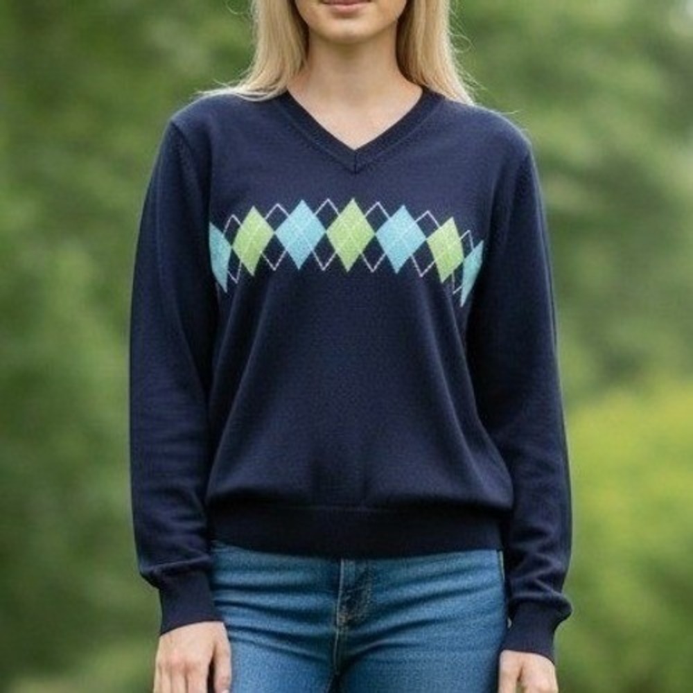 John Ashford Sweater M Unisex Navy Blue Excellent Argyle V-Neck Cotton Knit